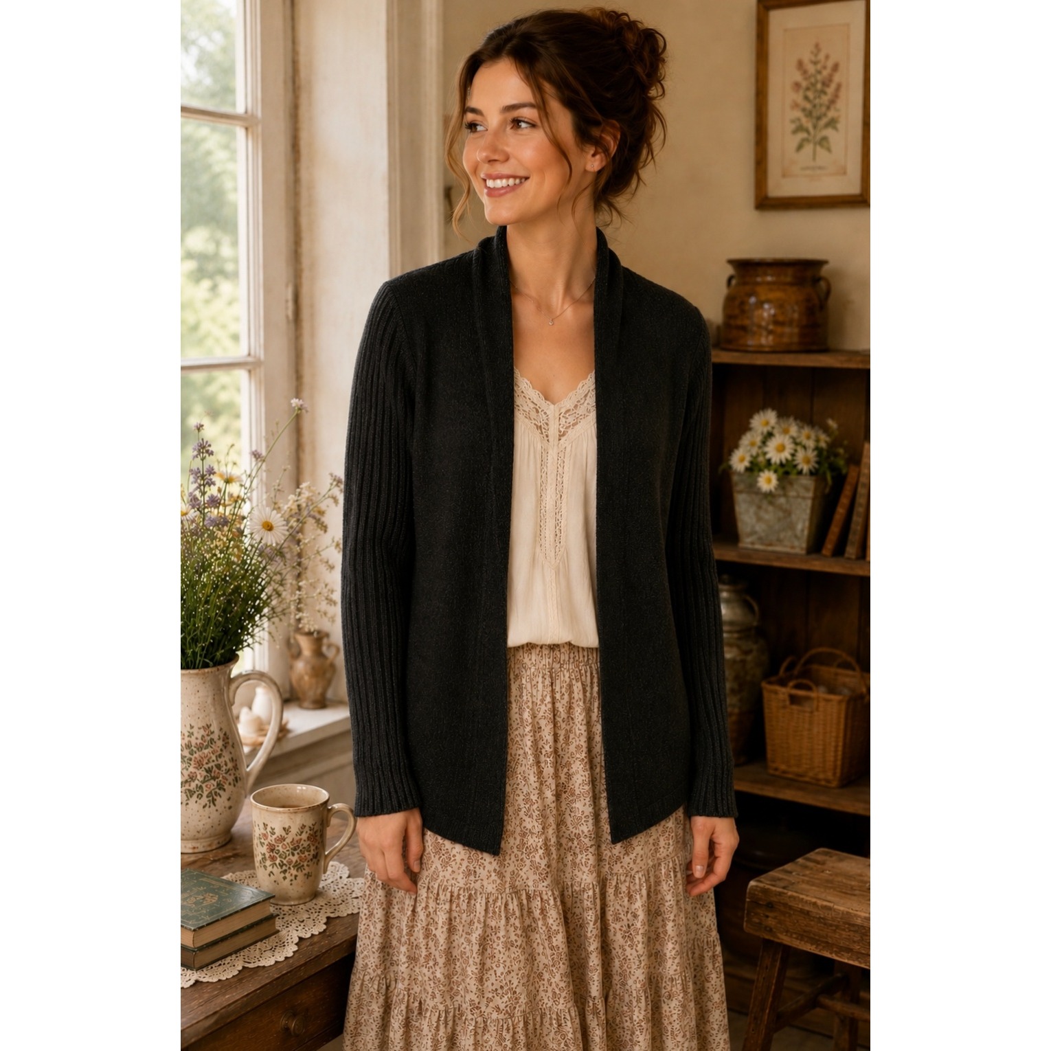 Eileen Fisher Cashmere Open Front Cardigan Waterfall Ribbed Sleeves Knit Small